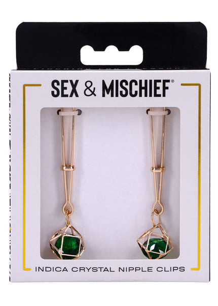 Sex & Mischief Indica Crystal Nipple Clips - Gold Nipple Clips with Emerald Gems