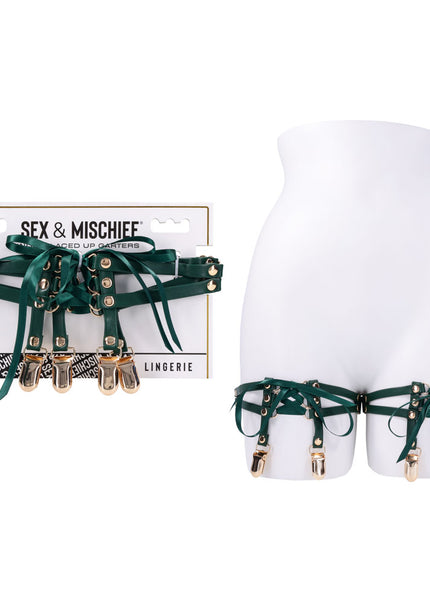 Sex & Mischief Indica Laced Up Garters - Green/Gold Garters - Set of 2