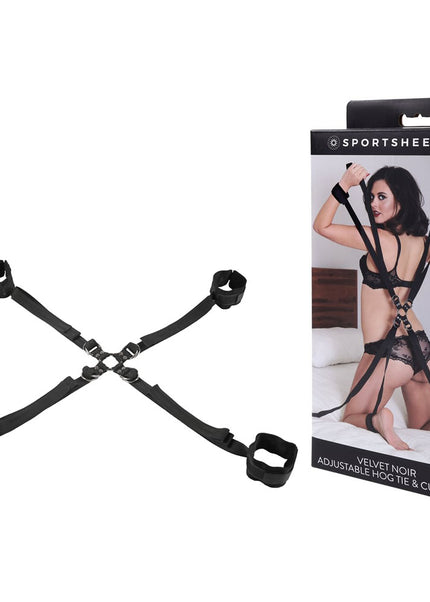 SPORTSHEETS Velvet Noir Adjustable Hog Tie & Cuff Set - Black Restraints