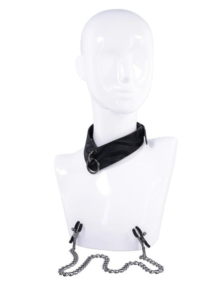 SPORTSHEETS Velvet Noir Collar & Removable Clamps - Black Neck & Nipple Restraints