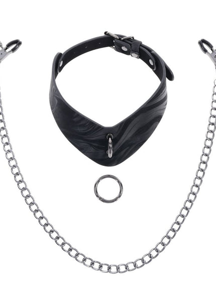 SPORTSHEETS Velvet Noir Collar & Removable Clamps - Black Neck & Nipple Restraints