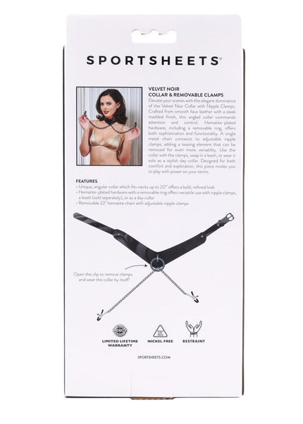 SPORTSHEETS Velvet Noir Collar & Removable Clamps - Black Neck & Nipple Restraints