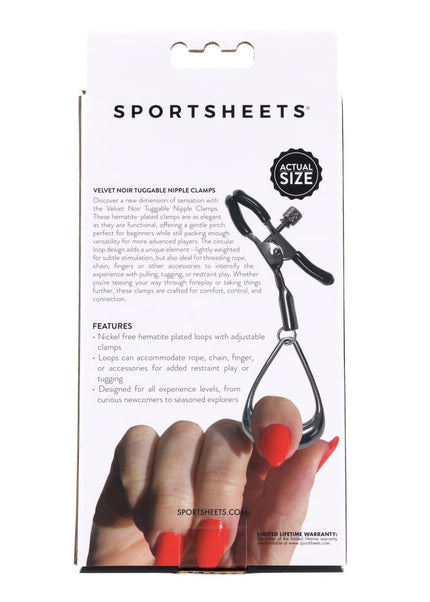 SPORTSHEETS Velvet Noir Tuggable Nipple Clamps - Gunmetal Adjustable Nipple Restraints