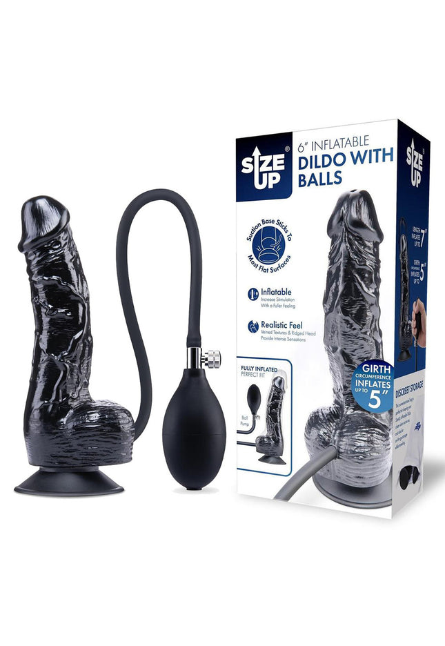Size Up 6 Inch Inflatable Dildo with Balls - Black 17.8 cm Inflatable Dong