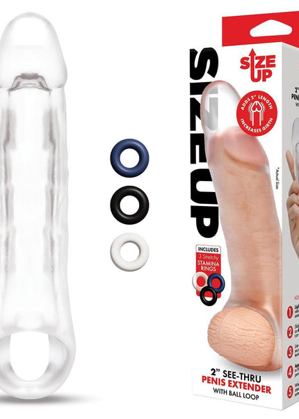 Size Up 2 Inch See-Thru Penis Extender with Ball Loop - Clear 5 cm (2'') Penis Extension Sleeve