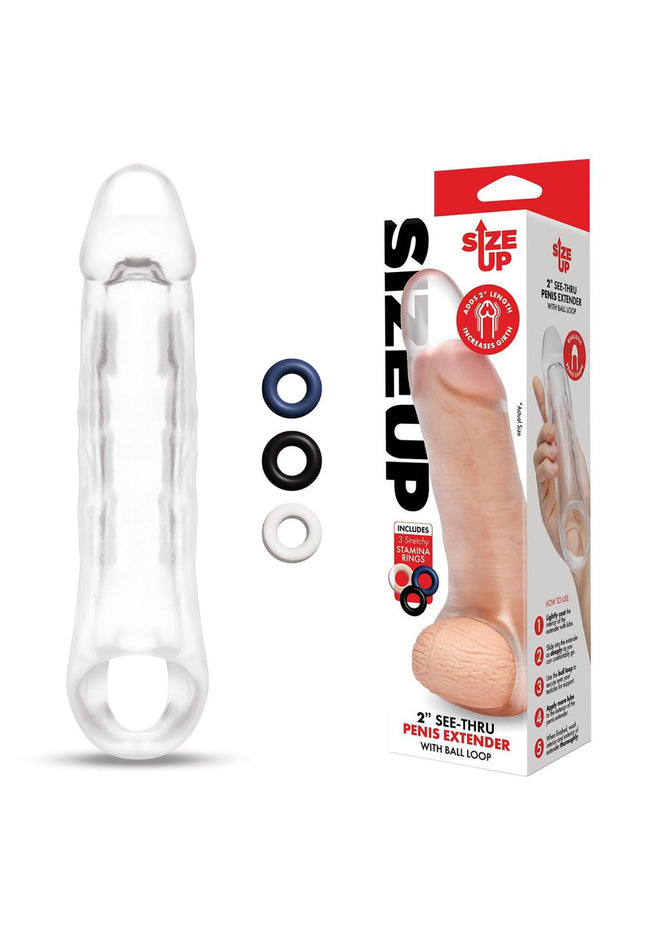 Size Up 2 Inch See-Thru Penis Extender with Ball Loop - Clear 5 cm (2'') Penis Extension Sleeve