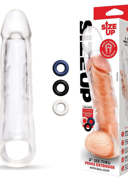 Size Up 3 Inch See-Thru Penis Extender with Ball Loop - Clear 7.6 cm (3'') Penis Extension Sleeve
