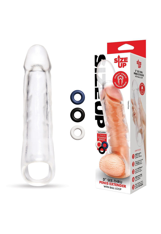 Size Up 3 Inch See-Thru Penis Extender with Ball Loop - Clear 7.6 cm (3'') Penis Extension Sleeve