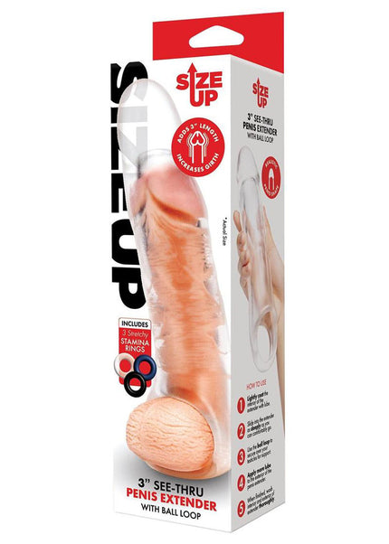 Size Up 3 Inch See-Thru Penis Extender with Ball Loop - Clear 7.6 cm (3'') Penis Extension Sleeve