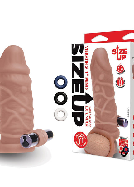 Size Up Vibrating 1 Inch Penis Extender + Ball Loop - Tan 2.5 cm (1'') Vibrating Penis Extension Sleeve