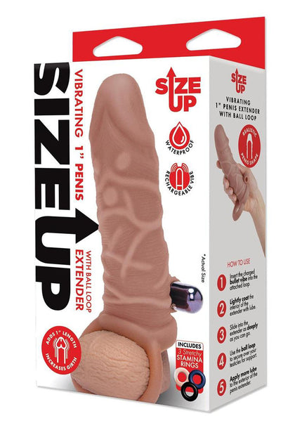 Size Up Vibrating 1 Inch Penis Extender + Ball Loop - Tan 2.5 cm (1'') Vibrating Penis Extension Sleeve