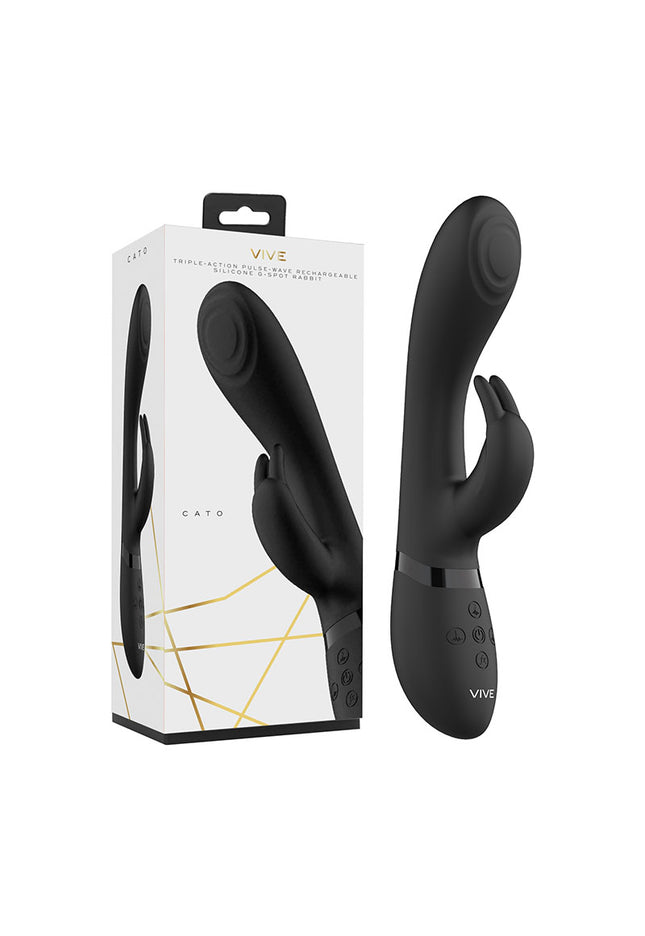 Vive Cato - Black 21.5 cm USB Rechargeable Rabbit Vibrator with Pulsing Tip