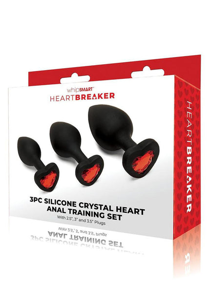 WhipSmart Heartbreaker 3PC Silicone Crystal Heart Anal Training Set - Black Butt Plugs with Heart Gem Bases - Set of 3 Sizes