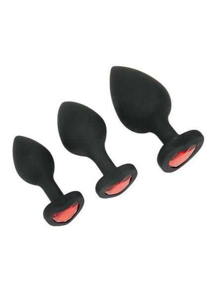 WhipSmart Heartbreaker 3PC Silicone Crystal Heart Anal Training Set - Black Butt Plugs with Heart Gem Bases - Set of 3 Sizes