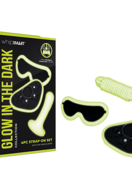 WhipSmart Glow In The Dark 4pc Strap-On Set - Glow in Dark 15.2 cm Strap-On with Eye Mask & Rope
