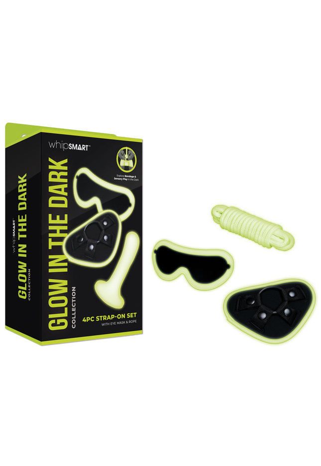 WhipSmart Glow In The Dark 4pc Strap-On Set - Glow in Dark 15.2 cm Strap-On with Eye Mask & Rope