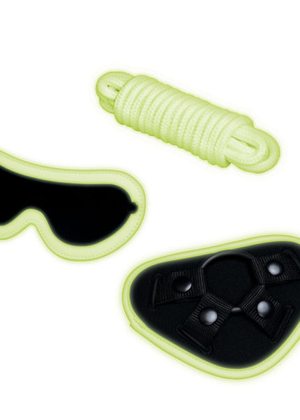 WhipSmart Glow In The Dark 4pc Strap-On Set - Glow in Dark 15.2 cm Strap-On with Eye Mask & Rope