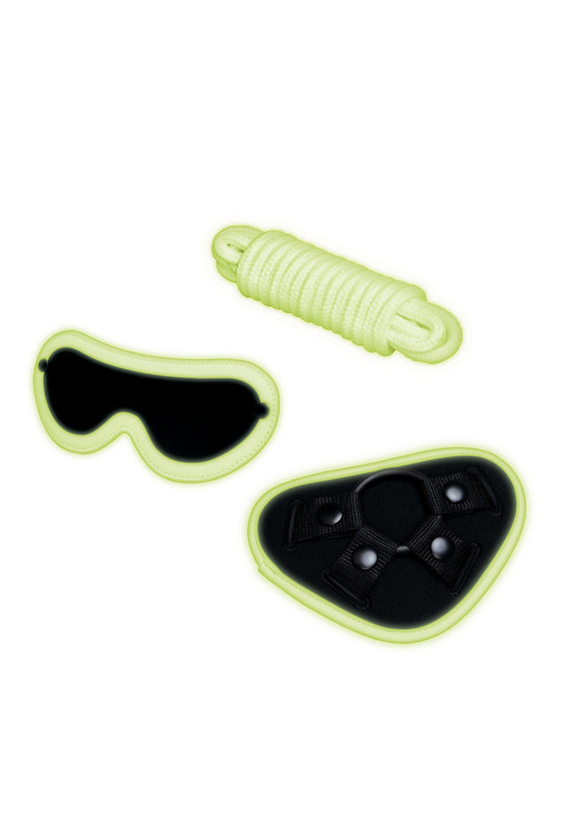 WhipSmart Glow In The Dark 4pc Strap-On Set - Glow in Dark 15.2 cm Strap-On with Eye Mask & Rope