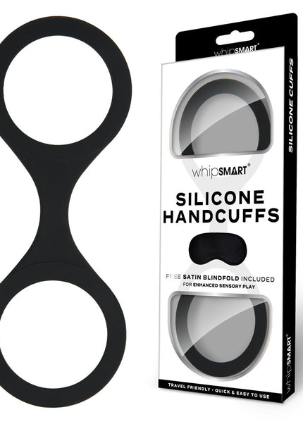WhipSmart Silicone Handcuffs - Black - Black Restraint with Bonus Blindfold