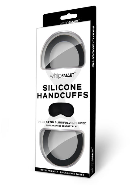WhipSmart Silicone Handcuffs - Black - Black Restraint with Bonus Blindfold