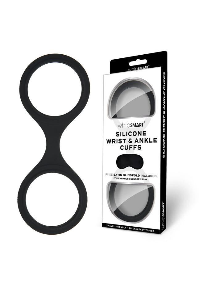 WhipSmart Silicone Wrist & Ankle Cuffs - Black - Black Restraints with Bonus Eye Mask