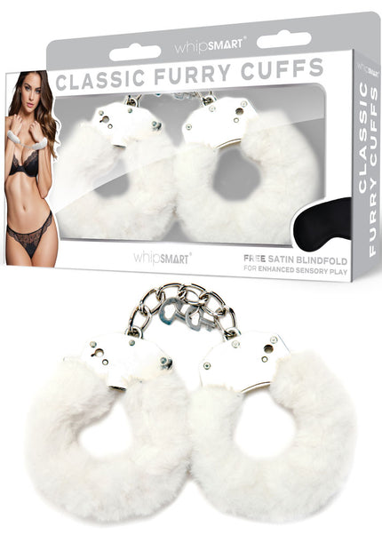 WhipSmart Classic Furry Cuffs - White - White Furry Restraints with Bonus Eye Mask