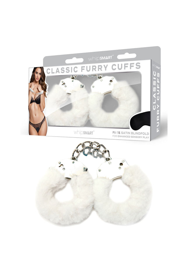 WhipSmart Classic Furry Cuffs - White - White Furry Restraints with Bonus Eye Mask