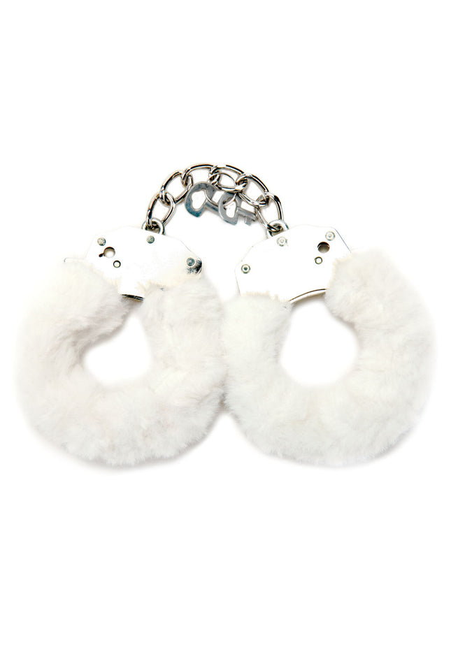 WhipSmart Classic Furry Cuffs - White - White Furry Restraints with Bonus Eye Mask