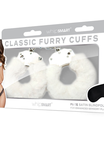 WhipSmart Classic Furry Cuffs - White - White Furry Restraints with Bonus Eye Mask