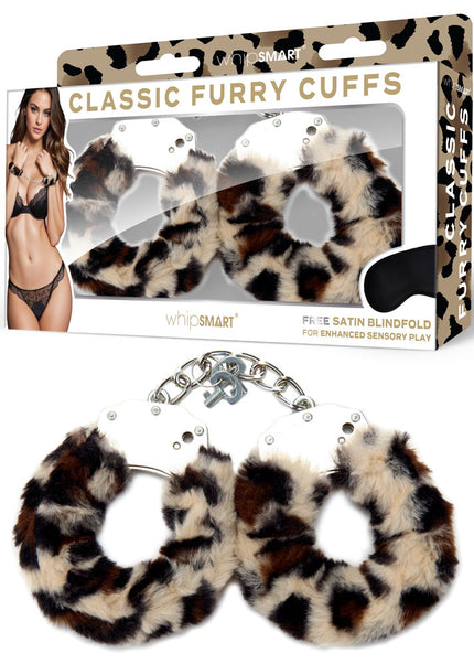 WhipSmart Classic Furry Cuffs - Leopard - Leopard Furry Restraints with Bonus Eye Mask