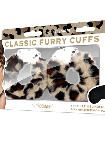 WhipSmart Classic Furry Cuffs - Leopard - Leopard Furry Restraints with Bonus Eye Mask