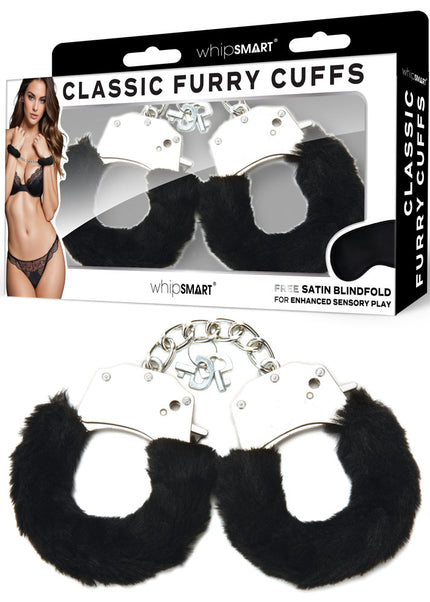 WhipSmart Classic Furry Cuffs - Black - Black Furry Restraints with Bonus Eye Mask