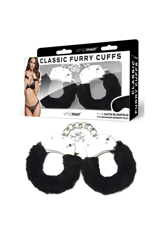 WhipSmart Classic Furry Cuffs - Black - Black Furry Restraints with Bonus Eye Mask