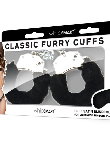 WhipSmart Classic Furry Cuffs - Black - Black Furry Restraints with Bonus Eye Mask