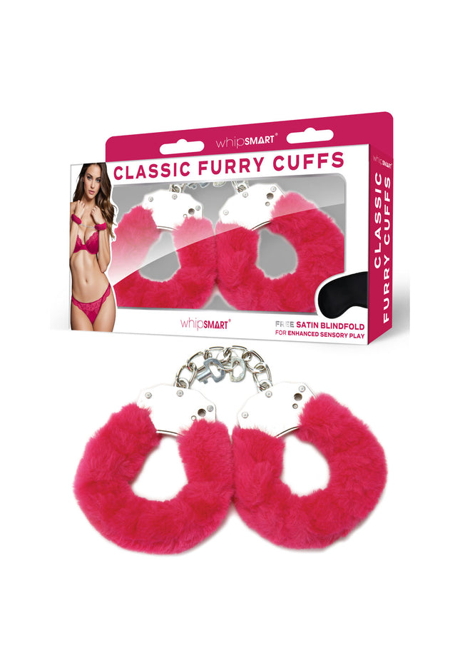 WhipSmart Classic Furry Cuffs - Hot Pink - Hot Pink Furry Restraints with Bonus Eye Mask