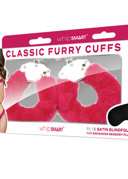 WhipSmart Classic Furry Cuffs - Hot Pink - Hot Pink Furry Restraints with Bonus Eye Mask