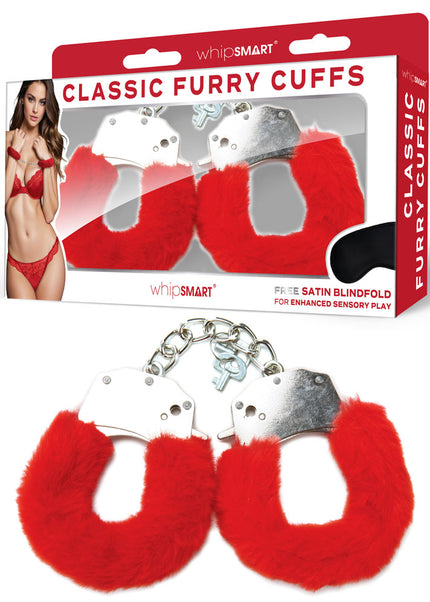 WhipSmart Classic Furry Cuffs - Red - Red Furry Restraints with Bonus Eye Mask