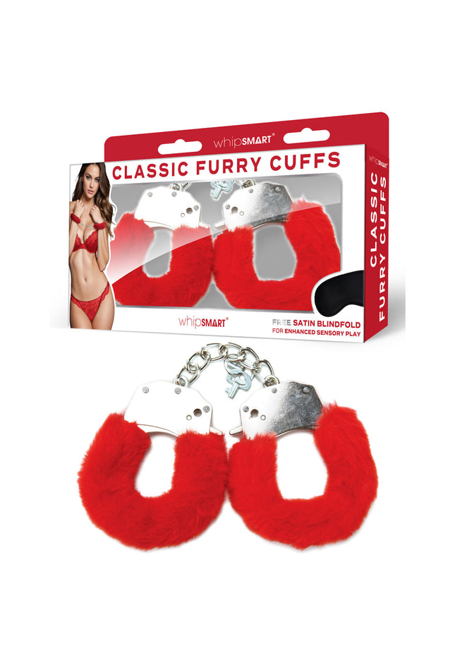 WhipSmart Classic Furry Cuffs - Red - Red Furry Restraints with Bonus Eye Mask