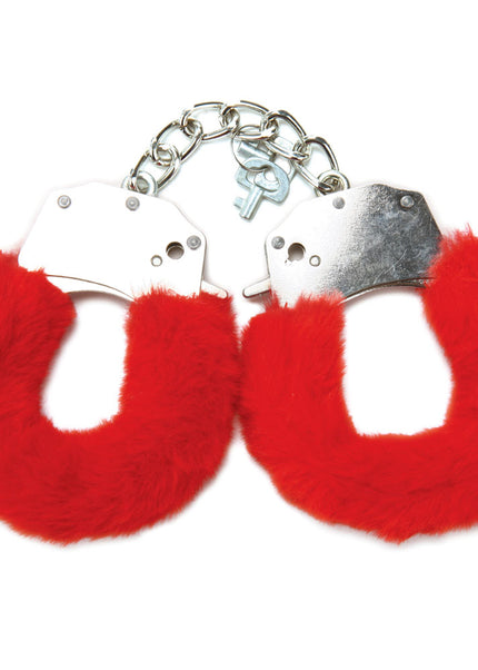 WhipSmart Classic Furry Cuffs - Red - Red Furry Restraints with Bonus Eye Mask
