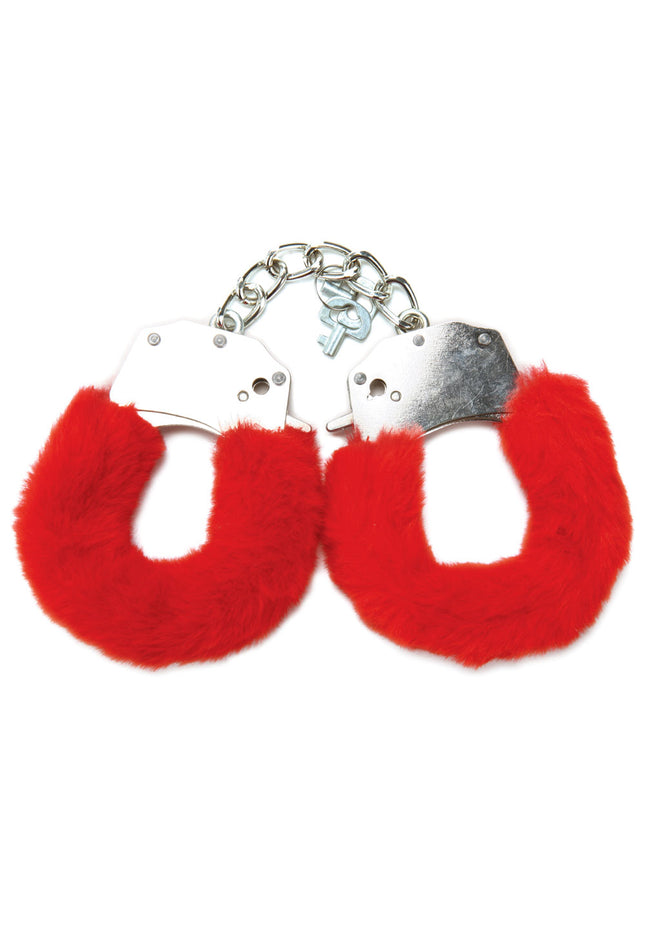WhipSmart Classic Furry Cuffs - Red - Red Furry Restraints with Bonus Eye Mask