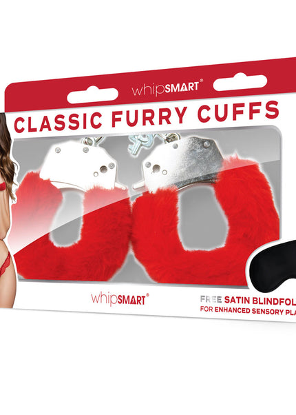 WhipSmart Classic Furry Cuffs - Red - Red Furry Restraints with Bonus Eye Mask