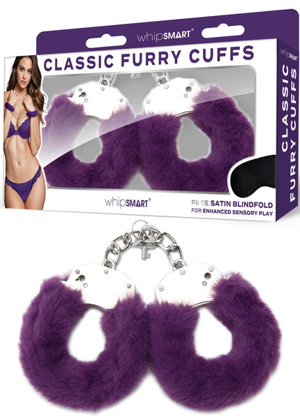 WhipSmart Classic Furry Cuffs - Purple - Purple Furry Restraints with Bonus Eye Mask