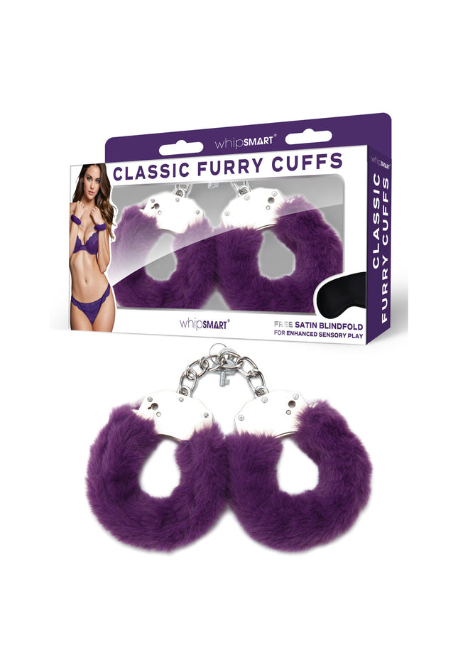 WhipSmart Classic Furry Cuffs - Purple - Purple Furry Restraints with Bonus Eye Mask