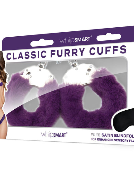 WhipSmart Classic Furry Cuffs - Purple - Purple Furry Restraints with Bonus Eye Mask