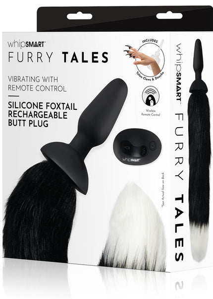 WhipSmart Furry Tales Silicone Foxtail Rechargeable Butt Plug - Black 9.5 cm Vibrating Butt Plug with Black Fox Tail & Remote Control