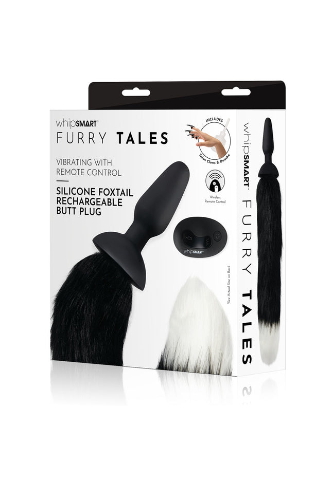 WhipSmart Furry Tales Silicone Foxtail Rechargeable Butt Plug - Black 9.5 cm Vibrating Butt Plug with Black Fox Tail & Remote Control