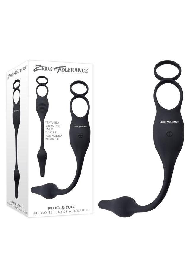 Zero Tolerance PLUG & TUG - Black USB Rechargeable Vibrating Cock Ring with Anal Plug
