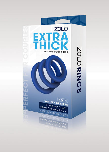 Zolo Extra Thick Silicone Cock Rings 3-Pack - Blue Thick Cock Rings - Set of 3 Sizes
